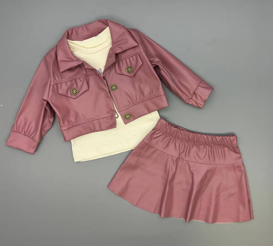 Ensemble Tendance "Rock Chic" Veste &amp; Jupe Similicuir 3 Pièces